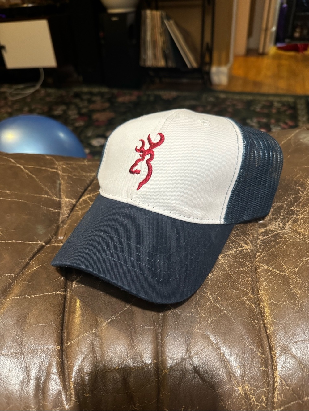 White and Navy Mesh Trucker Cap with Red browning Logo